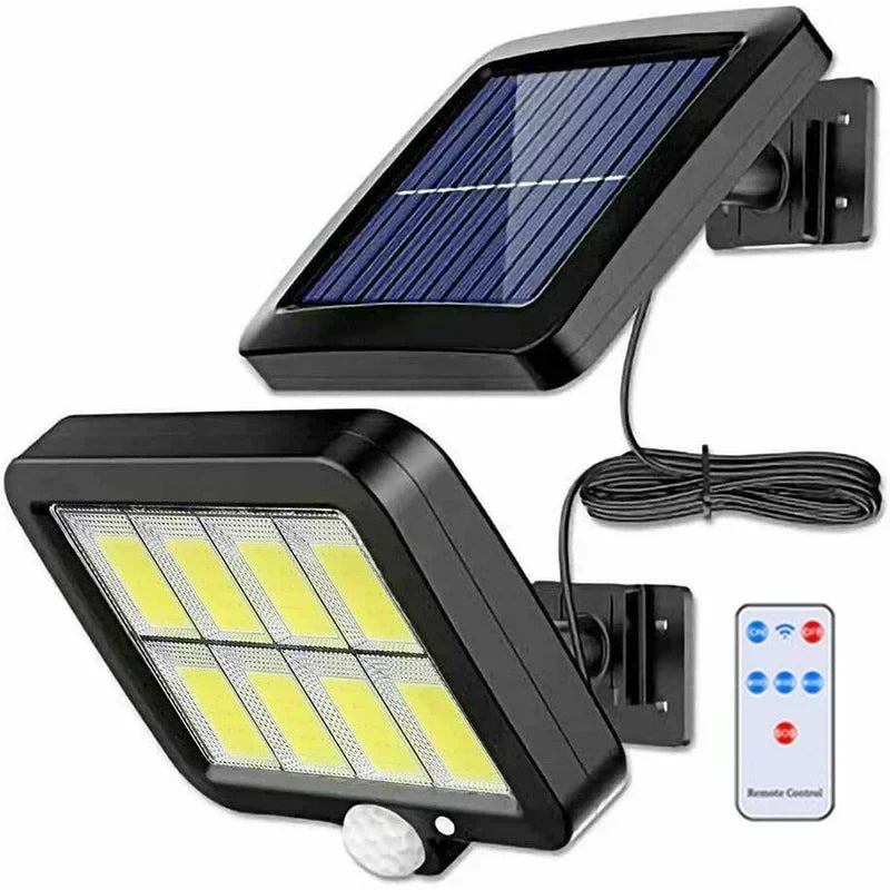 100 COB LED Solarleuchte mit Bewegungsmelder für Außen. Wetterfeste, kabellose Gartenbeleuchtung, energiesparend.