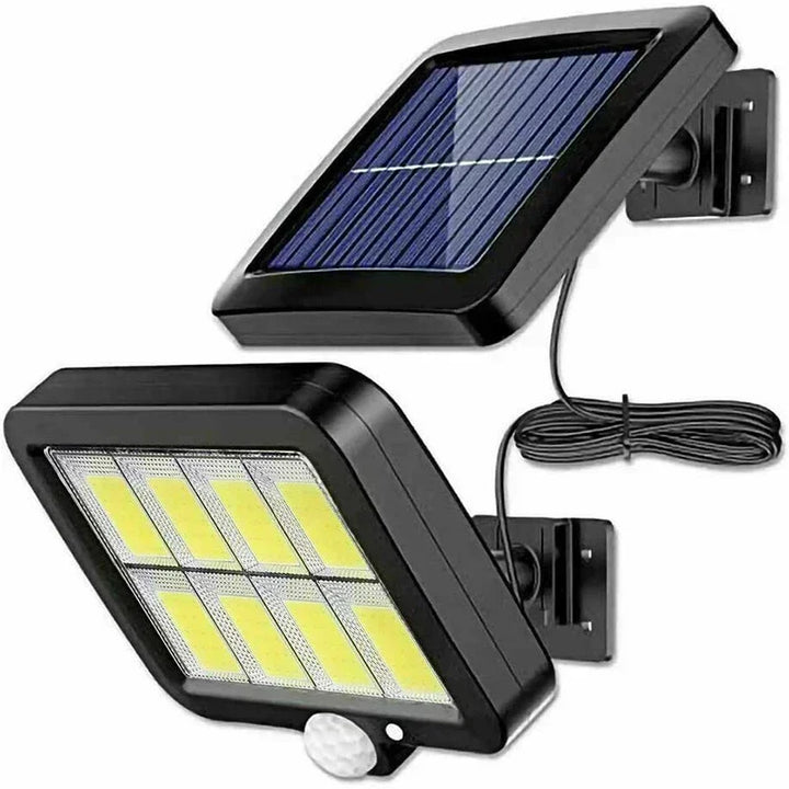 Helle 100 COB LED Solarleuchte mit Bewegungsmelder. Energiesparendes, IP65 Außenlicht für Terrasse und Gehwege.