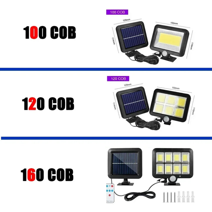 Moderne 100 COB LED Solarleuchte an der Wand. Stilvolle, energiesparende Außenlampe mit Bewegungssensor für Sicherheit.