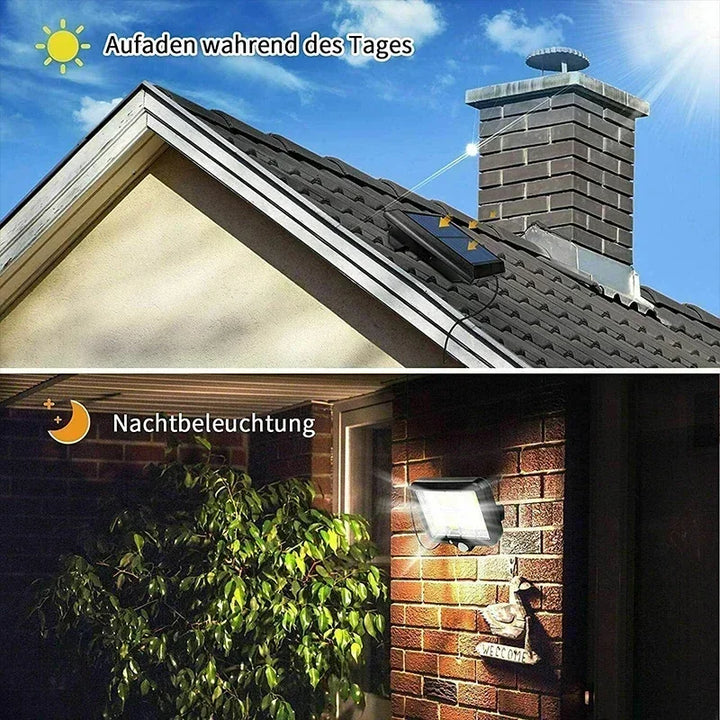 Vielseitige 100 COB LED Solarleuchte mit Bewegungsmelder für Außenbereiche. Perfekt für Wege, Eingänge & Garagen.