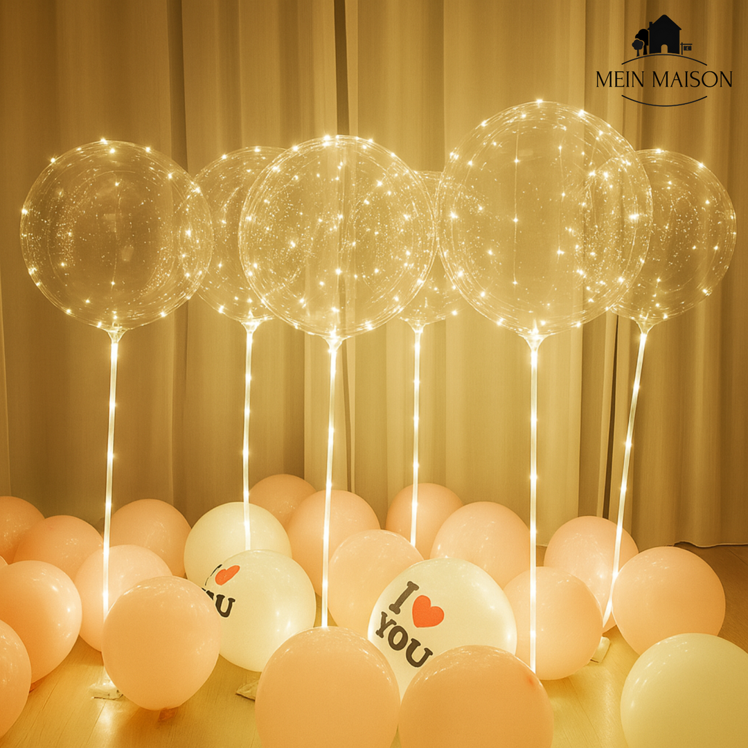 Nahaufnahme eines leuchtenden LED-Luftballons mit warmem Licht, ideal für Ambiente-Deko.