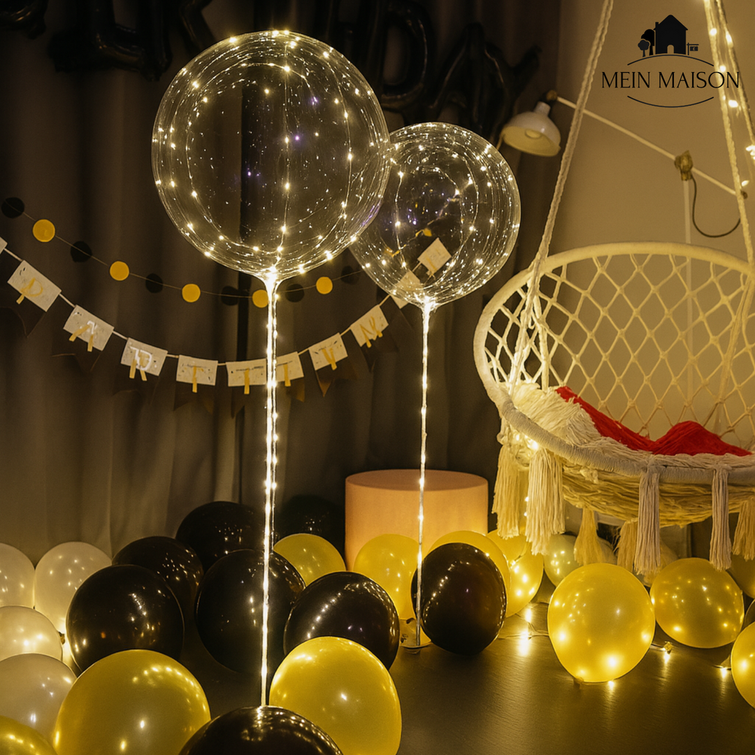 Szene mit mehreren warm leuchtenden LED-Luftballons, schafft eine festliche Party-Atmosphäre.