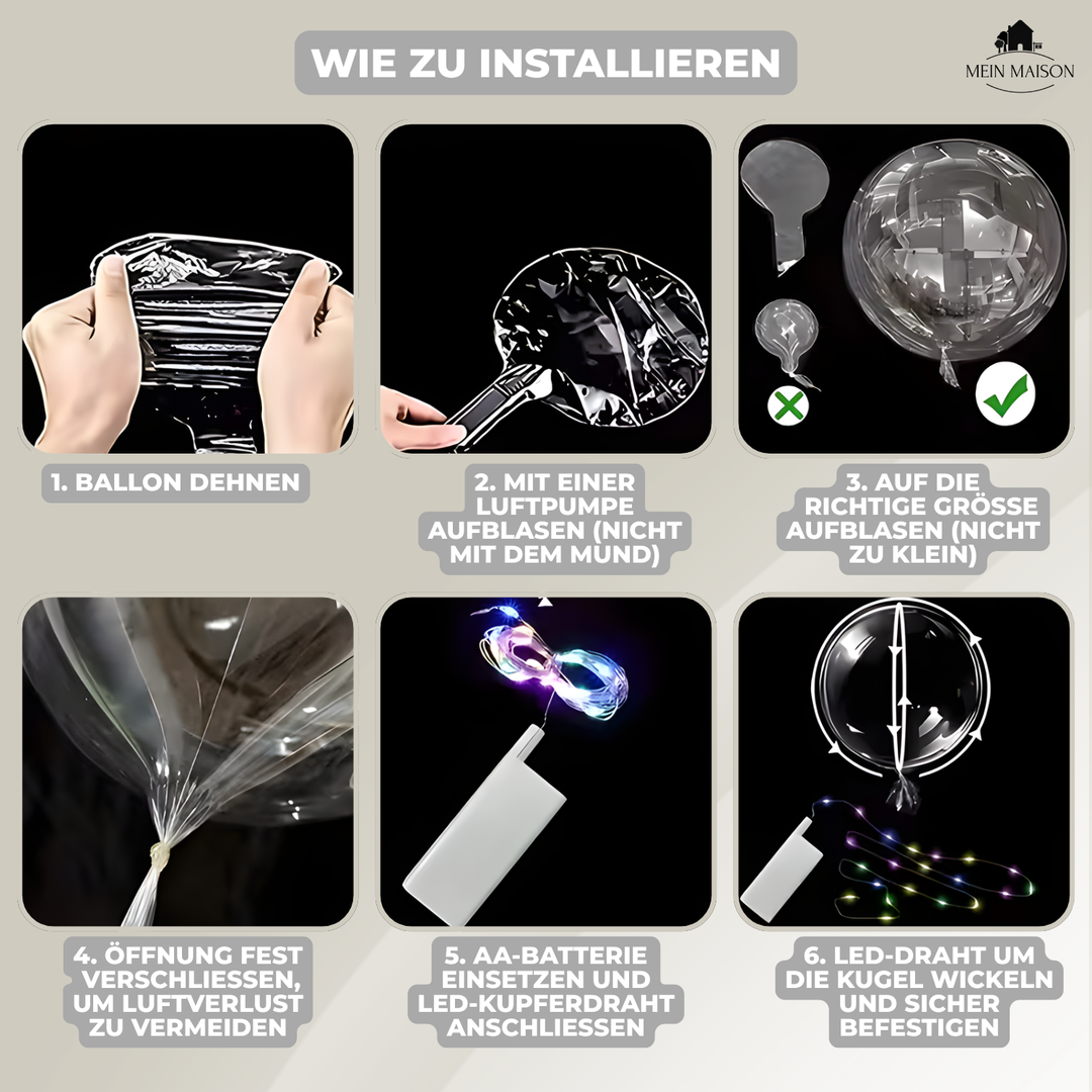 Gruppe von LED-Luftballons mit warmem Licht, geeignet als Event-Deko für Innen- und Außenbereiche.
