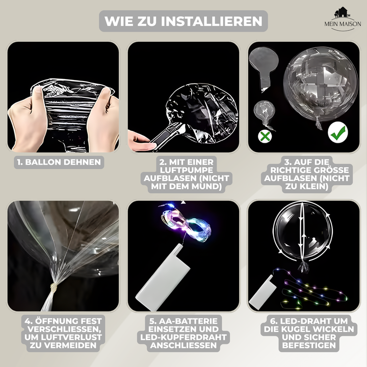 Gruppe von LED-Luftballons mit warmem Licht, geeignet als Event-Deko für Innen- und Außenbereiche.