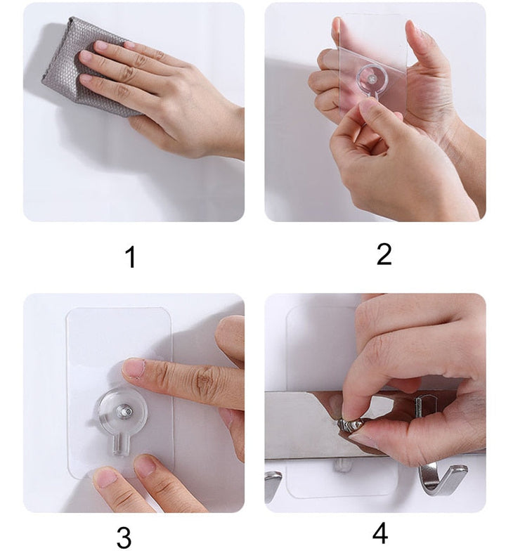 Verpackung der 10er Packung transparenter Schwerlast-Klebehaken, selbstklebend, bohrfrei.