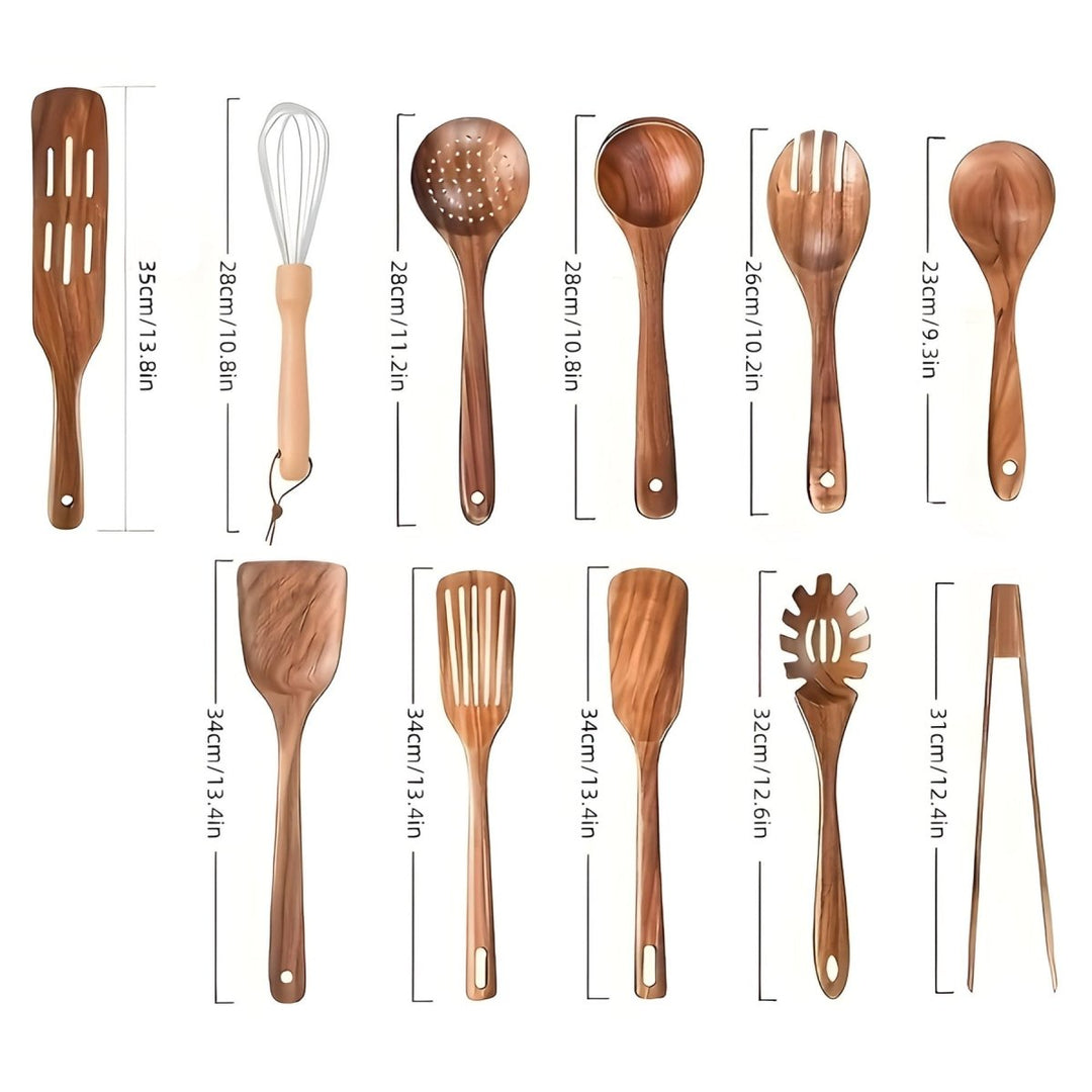 Natürliches Holz-Kochbesteck-Set (11-teilig) für die Küche, hitzebeständig und antihaftbeschichtet, zum Kochen.
