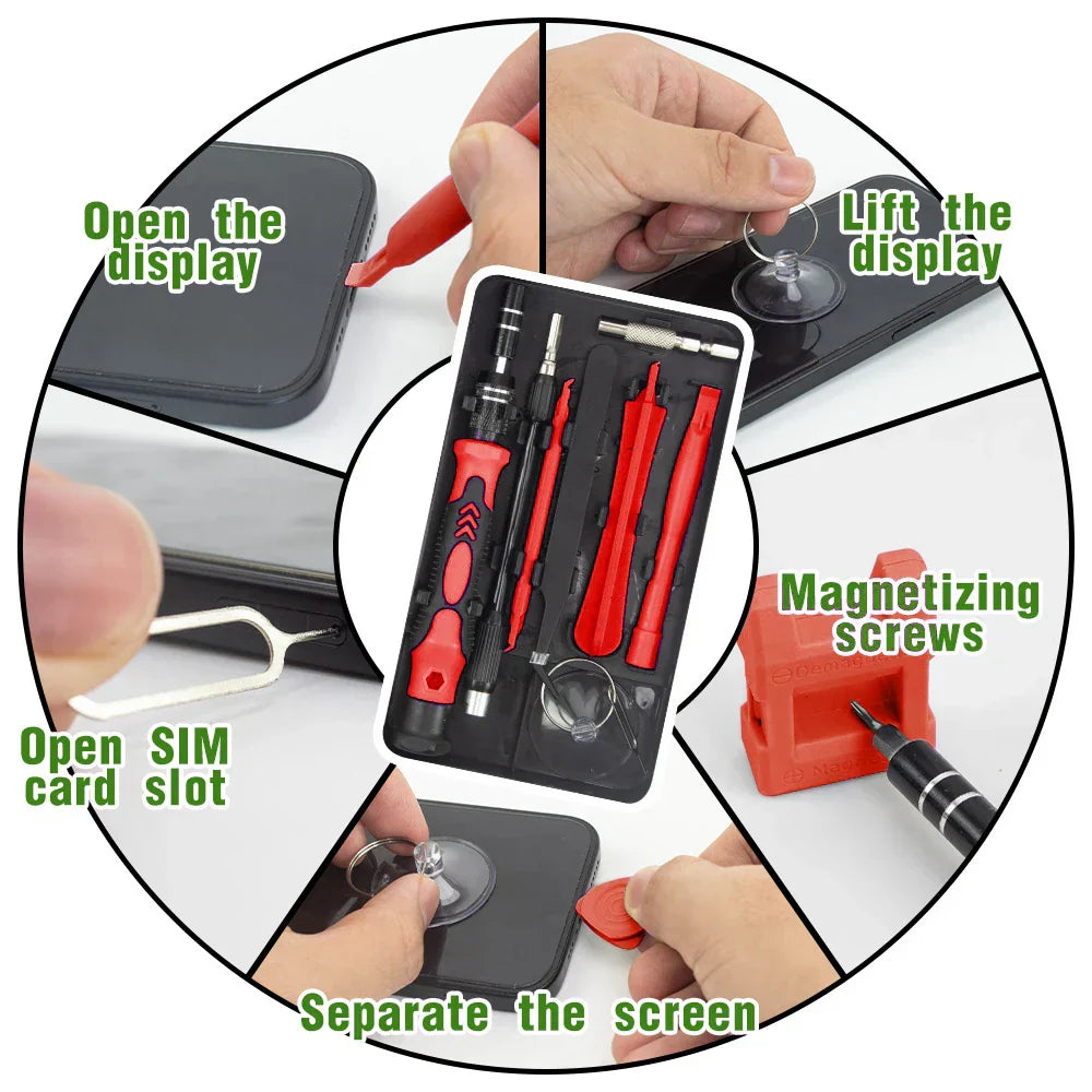 Ergonomischer Schraubendrehergriff mit magnetischer Spitze für präzise Reparaturen an Elektronikgeräten.