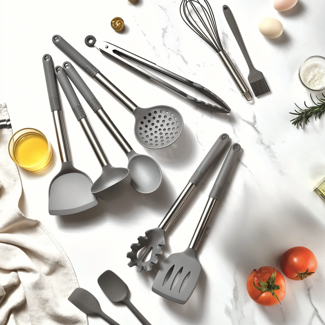 Umfassendes Silikon Kochbesteck-Set, perfekt als Geschenkidee und unverzichtbarer Küchenhelfer.
