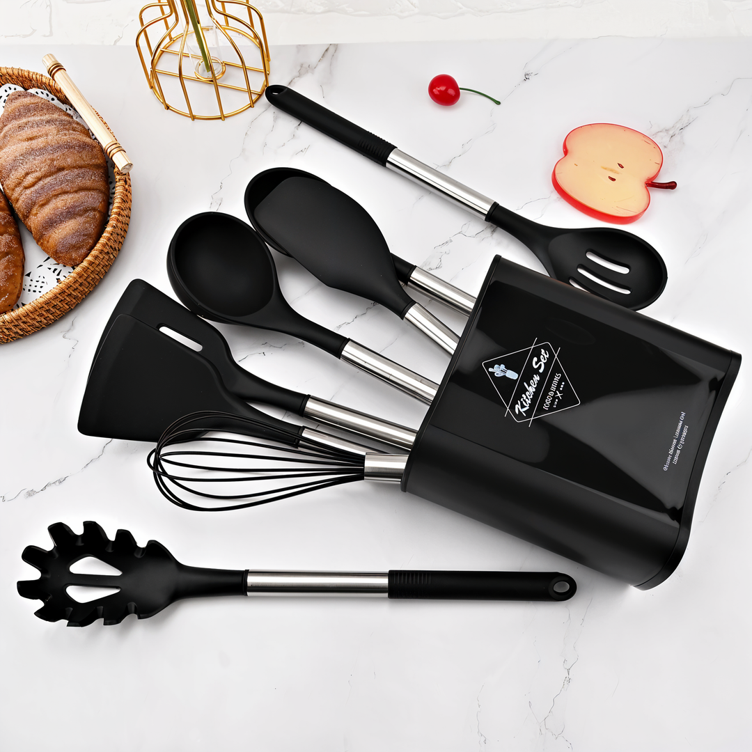 Komplettes Silikon Küchenutensilien-Set mit Zange und Pinsel für präzises Kochen und Backen.
