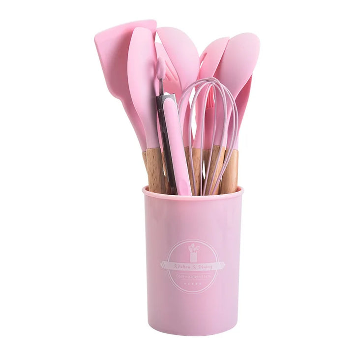 Praktische Geschenkidee: 12-teiliges Silikon Küchenutensilien Set mit Holzgriffen für Hobbyköche und Bäcker.