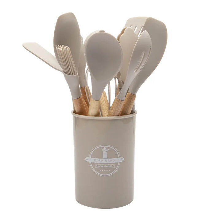 Komplettes 12-teiliges Silikon Küchenutensilien Set mit eleganten Holzgriffen, ideal für modernes Kochgeschirr.