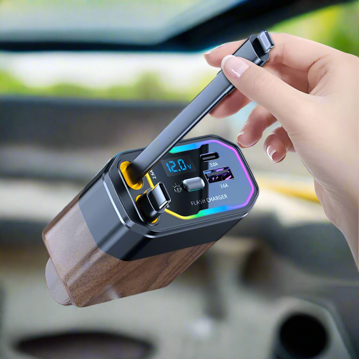 120W 4-in-1 Autoladegerät mit USB-C, Zigarettenanzünder-Adapter für Auto und schnelles Laden von Geräten.