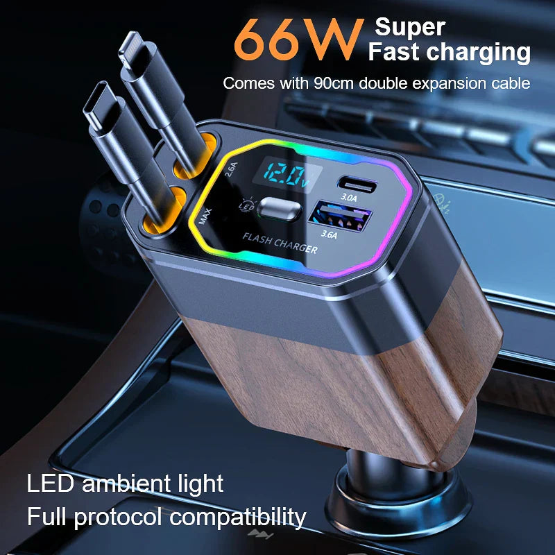 Erweiterbares 120W Autoladegerät mit USB-C und Zigarettenanzünder-Buchsen für flexible KFZ-Anwendung.