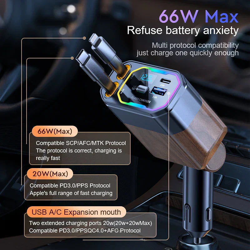 Vielseitiges 4-in-1 USB-C Autoladegerät mit Schnellladefunktion und Zigarettenanzünder-Erweiterung im Auto.
