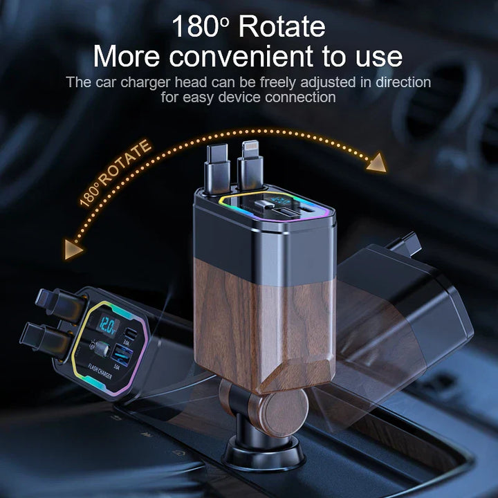 Kompaktes 4-in-1 Ladegerät für Auto mit 120W, USB-C und zusätzlichen Zigarettenanzünder-Anschlüssen.