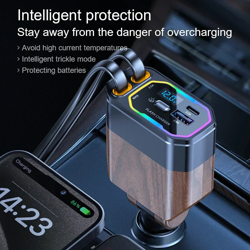Leistungsstarkes 120W Autoladegerät mit USB-C und Zigarettenanzünder für KFZ-Zubehör und elektronische Geräte.