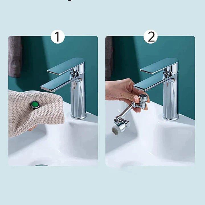 Moderner Wasserhahn-Aufsatz 1440° drehbar, Edelstahl, zur flexiblen Nutzung an Armaturen in Küche & Bad, inkl. Montage.
