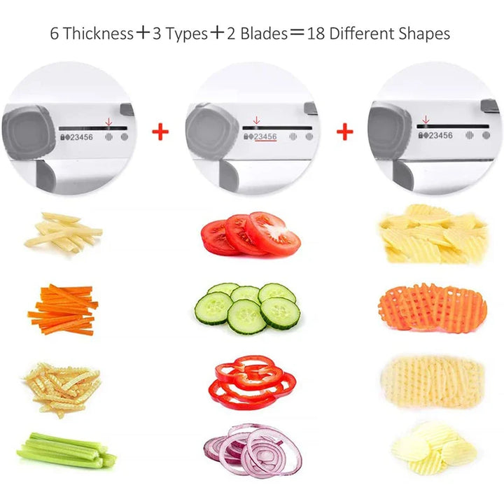 Vielseitiger Gemüseschneider für Julienne, Scheiben und Würfel. Ideal für schnelles Vorbereiten in der Küche.