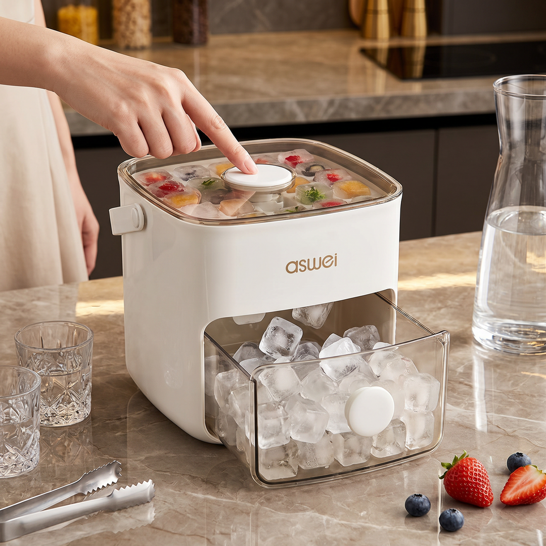 2-in-1 Eiswürfel-Maker mit integrierter Box zum einfachen Herstellen & Aufbewahren von Eiswürfeln für Kaltgetränke.