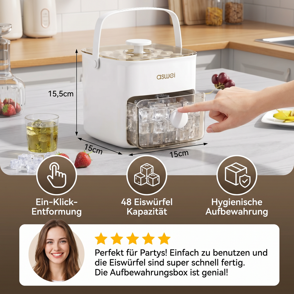 Praktischer Eiswürfel-Maker mit Aufbewahrungsbox, ideal für schnelles Eiswürfel-Machen & Servieren von Kaltgetränken.