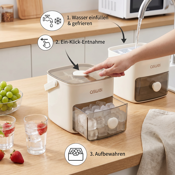 Sommerlicher Eiswürfelbereiter & Eiswürfelform mit Box für kühle Kaltgetränke & erfrischende Momente zu Hause.
