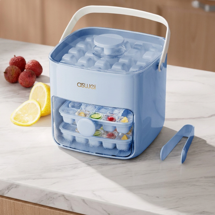 Hochwertige Eiswürfelform mit integrierter Eiswürfelbox. Perfektes Getränkezubehör für kalte Drinks & Partys.