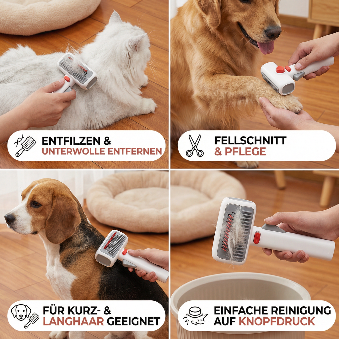 Ergonomische 2-in-1 Hundebürste & Katzenbürste für eine gründliche Fellpflege, entfernt Unterwolle & Verfilzungen.