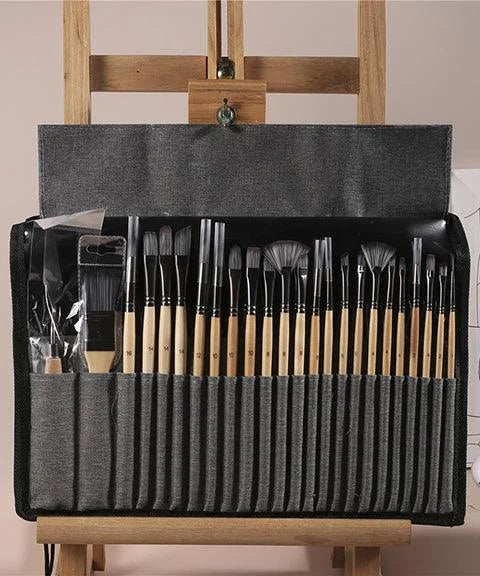 Komplettes 24-tlg. Profi-Künstlerpinselset inkl. Malspachtel & Etui. Ideal für Acryl, Öl, Aquarell.
