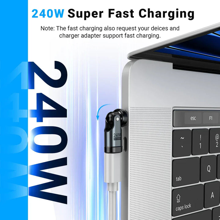 Drehbarer 240W USB-C Adapter schützt Kabel vor Bruch und ermöglicht effizientes Laden & Datentransfer.