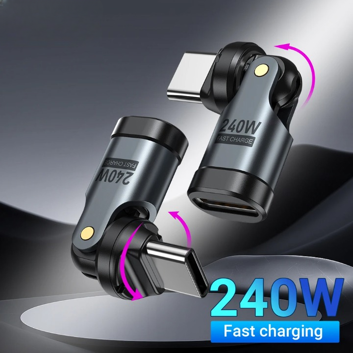 Robuster 240W USB-C Ladeadapter mit 540° Gelenk für optimalen Kabelbruchschutz an Smartphones & Laptops.