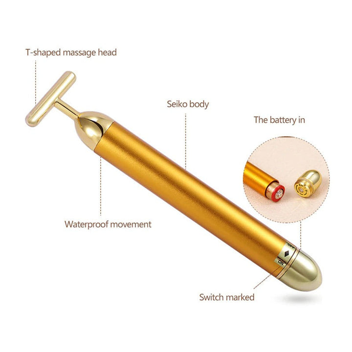 Hochwertiger 24K Gold T-Bar Vibrationsroller, ein Schönheitswerkzeug für Gesichtsmassage und Lifting-Effekt.