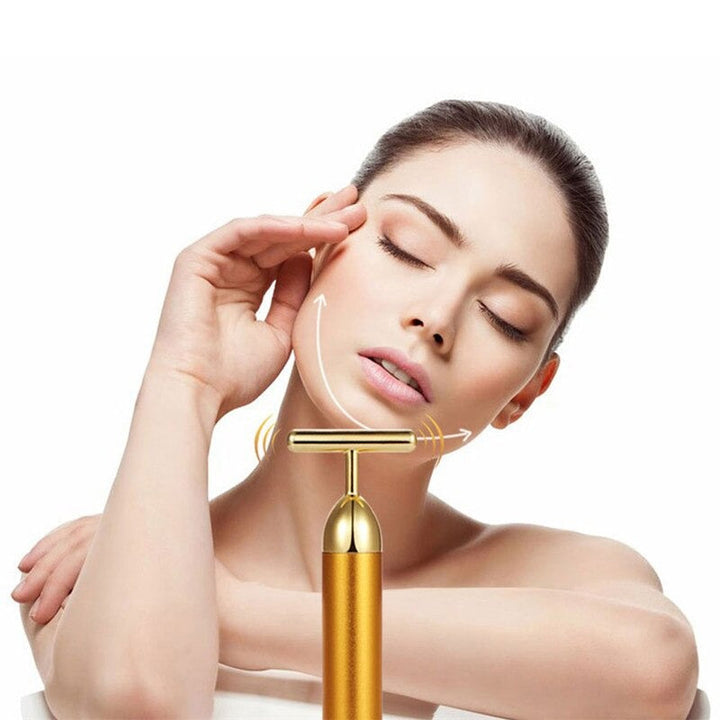 Goldener Vibrations-Gesichtsroller zur Hautpflege. Ideal für Faltenreduktion, Hautstraffung & Anti-Aging.