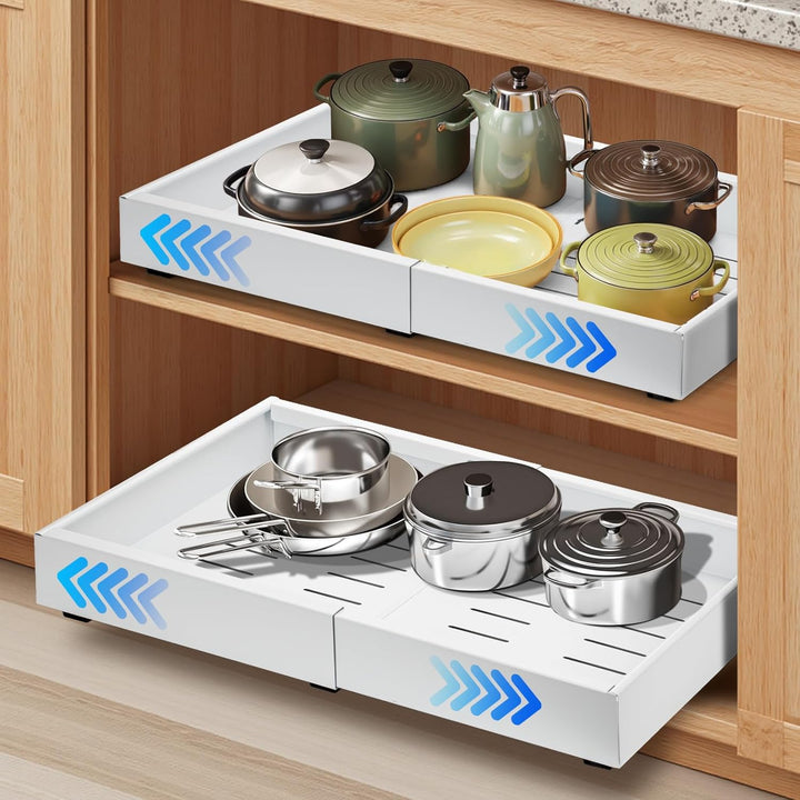 2er-Pack ausziehbare Schubladen für Schrank-Organisation, stabil & verstellbar für Küche & Bad, einfache Aufbewahrung.