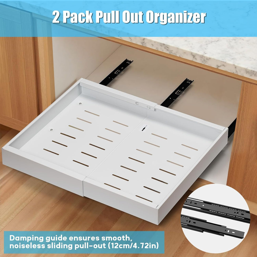 Platzsparende 2er-Pack ausziehbare Schubladen für effiziente Schrank-Organisation, ideal für Bad, Küche & Haushalt.