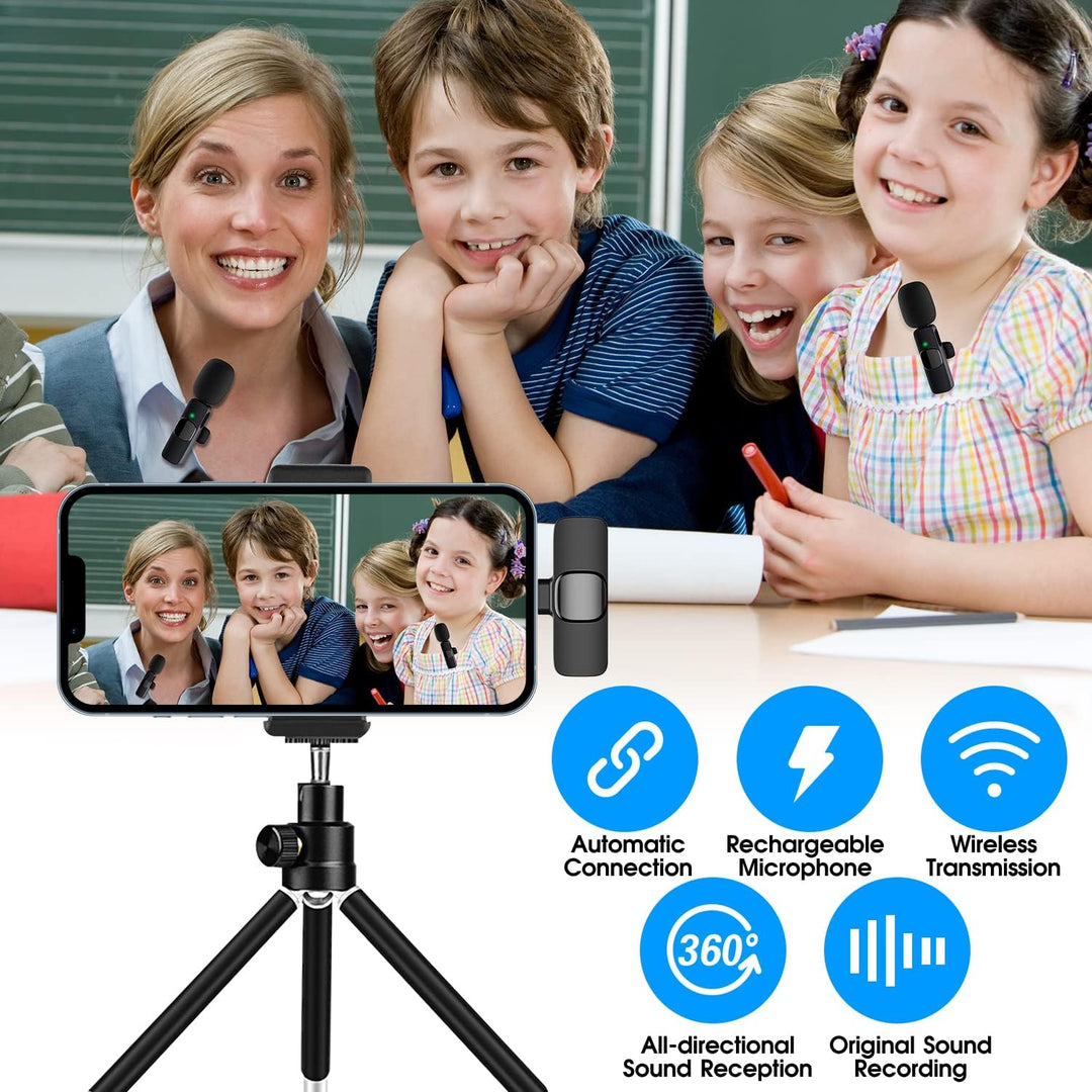 Set mit 2 kabellosen Mikrofonen für iPhone/iPad. Ideal für Podcasts, Interviews und Voice-overs mit klarem Sound.