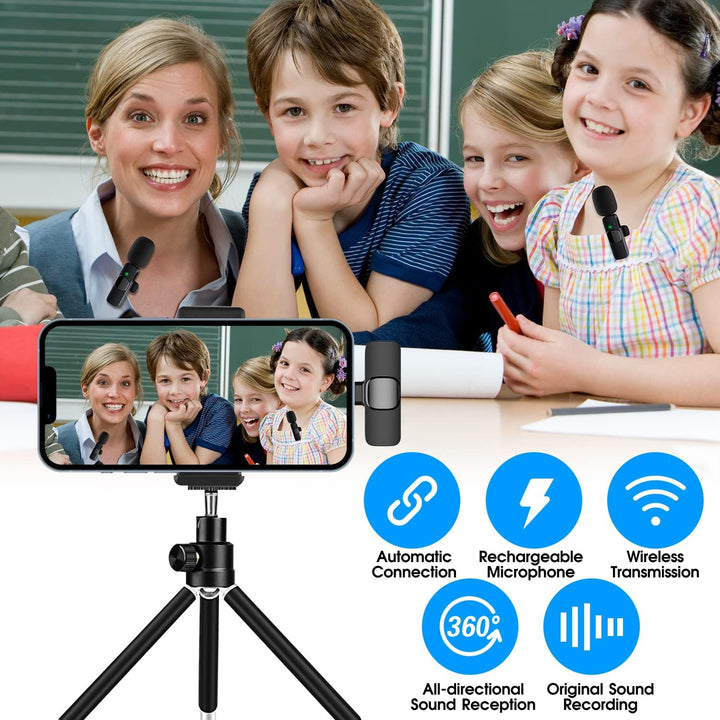 Set mit 2 kabellosen Mikrofonen für iPhone/iPad. Ideal für Podcasts, Interviews und Voice-overs mit klarem Sound.