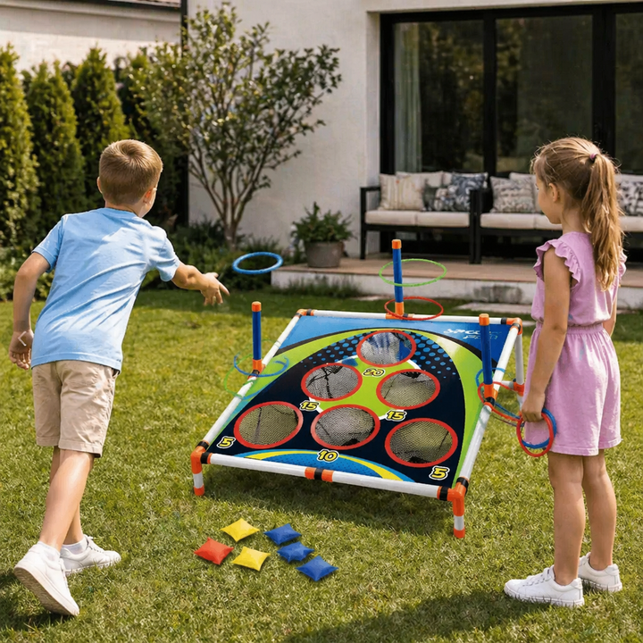 2in1 Cornhole & Ringe Wurfspiel Set für die ganze Familie; ideales Gartenspiel für Kinder & Erwachsene.
