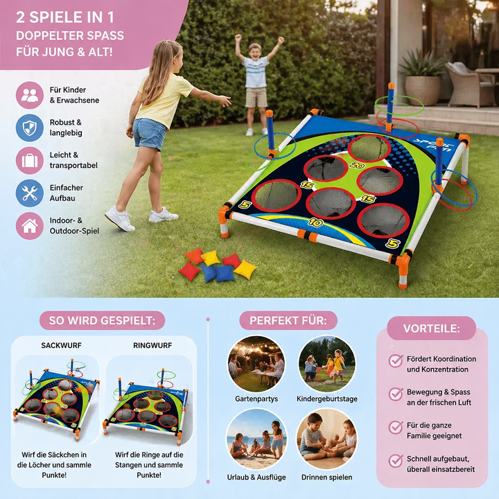 Farbenfrohes Ringwurfspiel Set, Teil des 2in1 Familienspiels; ideal für Kinder & Erwachsene im Garten oder unterwegs.
