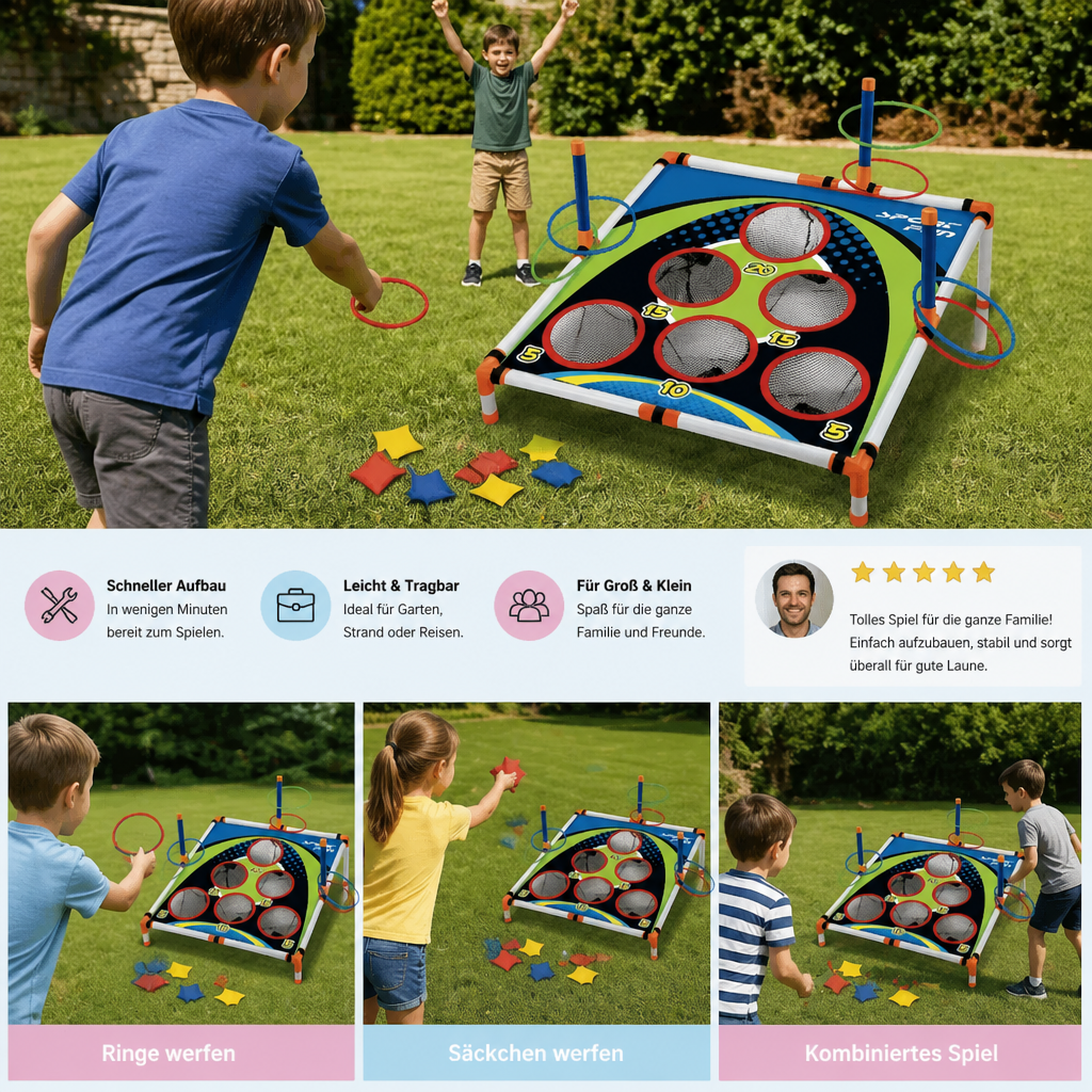 Praktisches 2in1 Wurfspiel Set für Reisen; kompaktes Familienspiel, Cornhole & Ringwurf für Outdoor-Abenteuer.