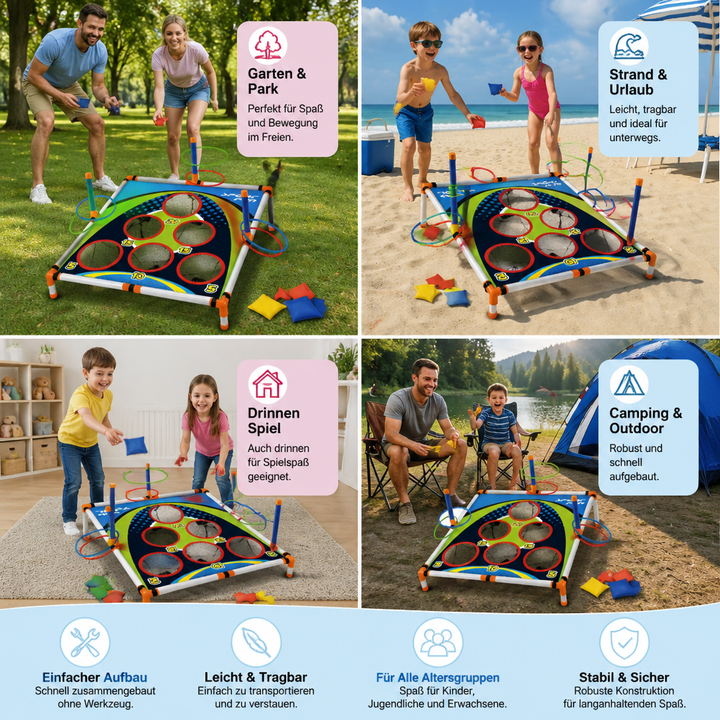 Lernförderndes 2in1 Wurfspiel für Kinder; Cornhole & Ringwurf verbessern Koordination und Motorik; Gartenspiel.