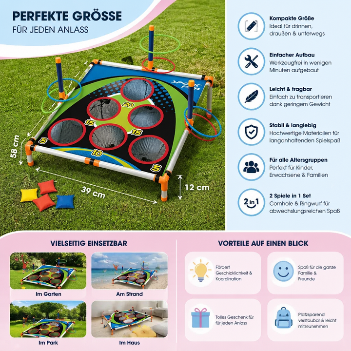 Vielseitiges 2in1 Outdoor Wurfspiel: Cornhole & Ringwurf Set für Garten, Familie & Freunde; Spaß für alle Altersgruppen.