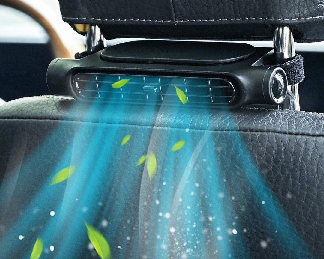 Mobiler Auto-Ventilator (3 Geschwindigkeiten) mit USB-Anschluss und Kopfstützenhalterung. Unverzichtbares Reisezubehör.