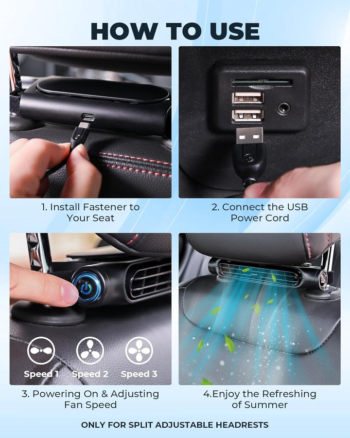 Innovativer USB Auto Kühlventilator mit 3 Gängen. Befestigung an der Kopfstütze für optimalen Komfort im Auto.