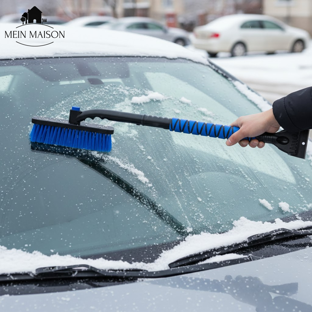 3-in-1 Auto Schneebürste & Eiskratzer mit Teleskopgriff für mühelose Winterreinigung des Fahrzeugs.