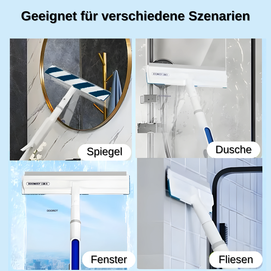 Detailaufnahme des Fensterwischers mit Gummilippe und Mikrofaserpad für effektive Sauberkeit.
