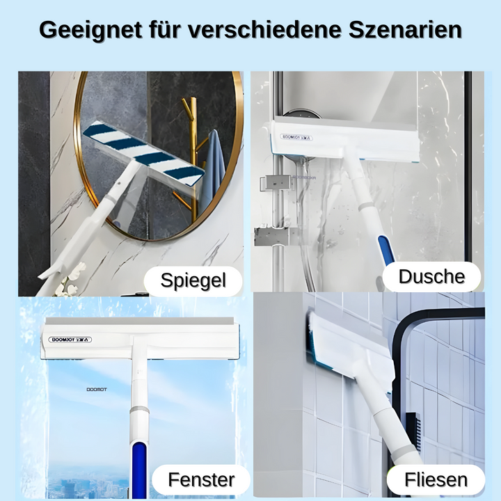 Detailaufnahme des Fensterwischers mit Gummilippe und Mikrofaserpad für effektive Sauberkeit.