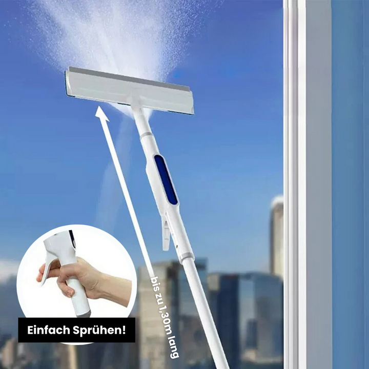 Moderner 3in1 Fensterwischer mit integrierter Sprühfunktion und Teleskopstange für streifenfreien Glanz.