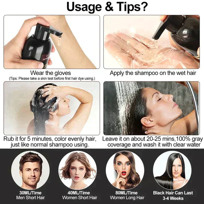 Einfach anzuwendendes Haarfärbeshampoo für schnelle, ammoniakfreie Grauhaarabdeckung & Pflege.