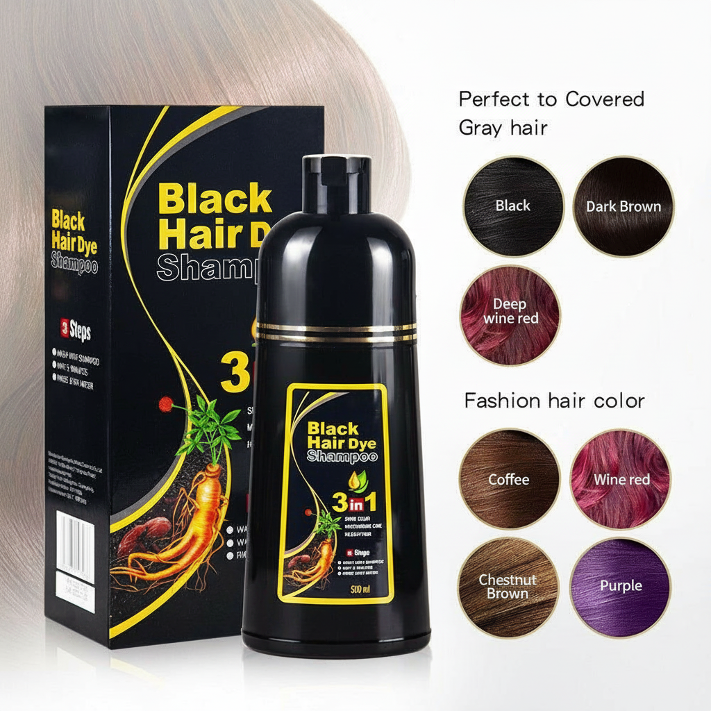 3-in-1 Haarfärbeshampoo mit Ginseng: schnelle Grauhaarabdeckung, intensive Pflege, ammoniakfrei.