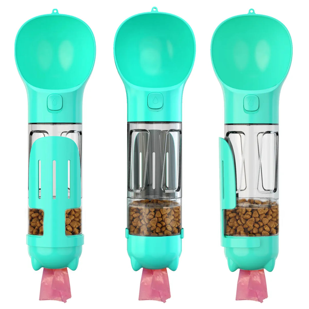 Multifunktionale Hunde Reiseflasche: 3-in-1 AdventureBuddy für Wasser, Futter & Kotbeutel. Unverzichtbar für Tierbesitzer.